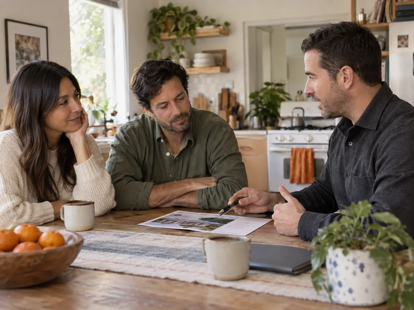 A property owner couple having a relaxed conversation at their kitchen table