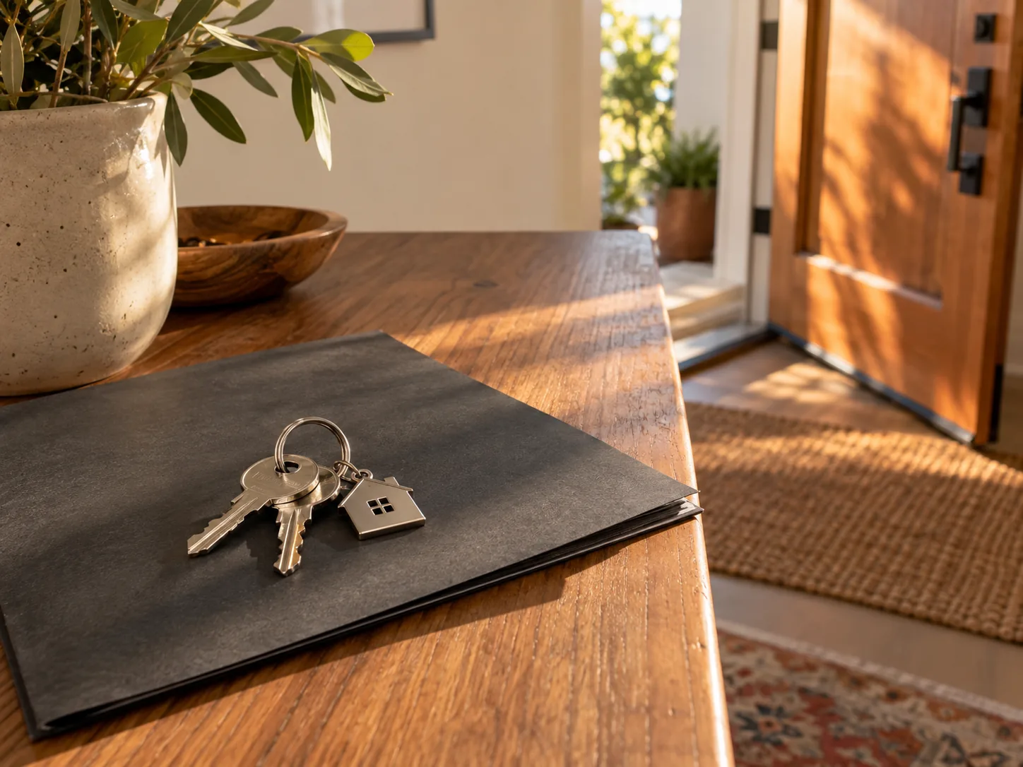 House keys resting on a charcoal folder near a sunlit front door